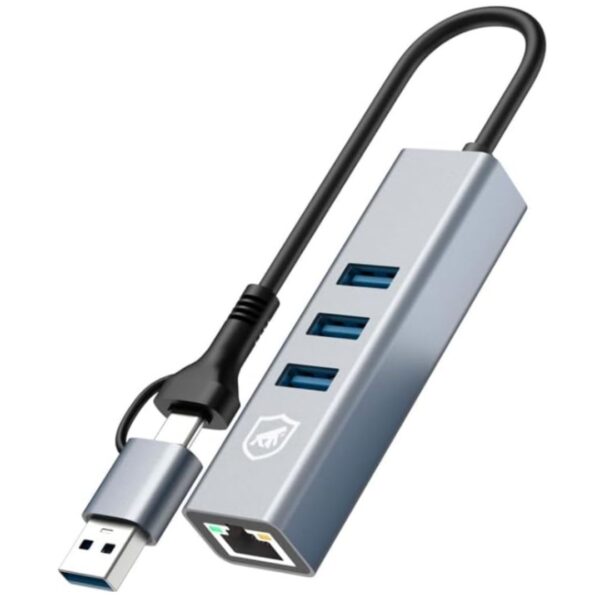 Gshield Hub USB-C Multiportas com Adaptador USB-A, Conector Ethernet LAN + 3 Portas USB 3.0 de até 5 Gbps